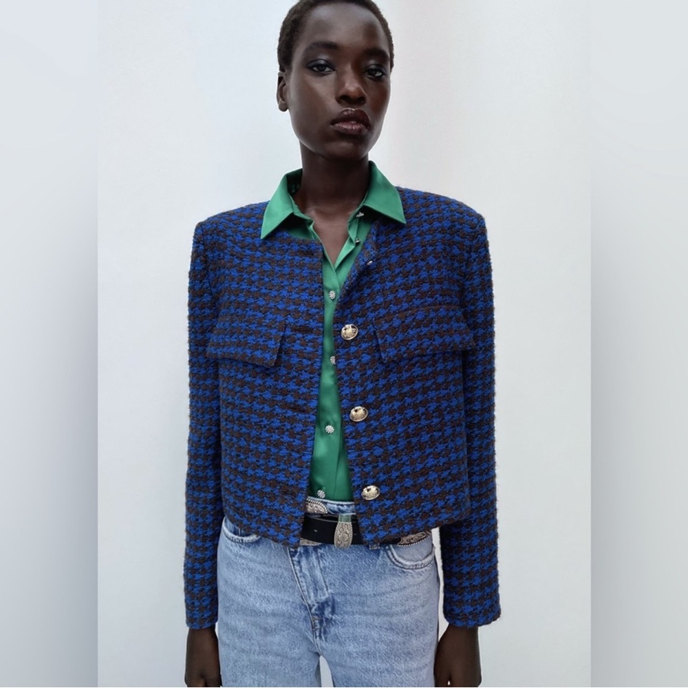 Zara Royal Blue and Black Houndstooth Blazer